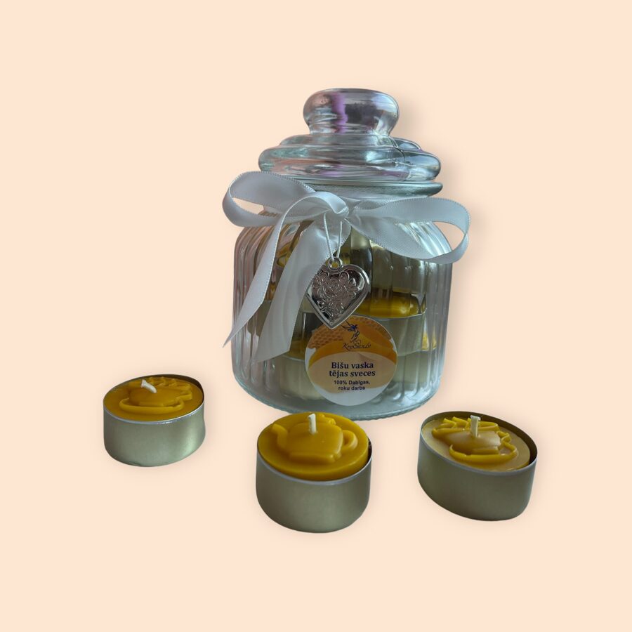 Bišu vaska tējas sveču komplekts stikla traukā - "Laiks tējas pauzei"