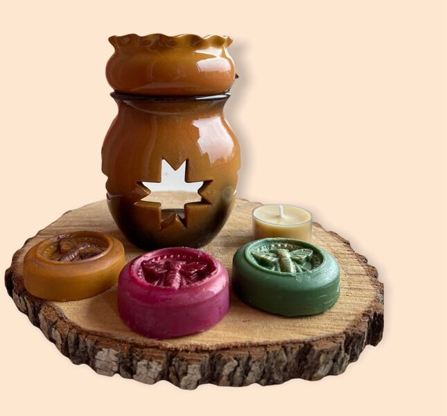 Keramikas kausējamais trauks ar auseklīšiem +3 aromātiskie bišu vaska kausējamie gabaliņi