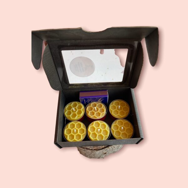 Bišu vaska tējas sveces ar šūnu ornamentu- komplekts gatavs dāvināšanai!