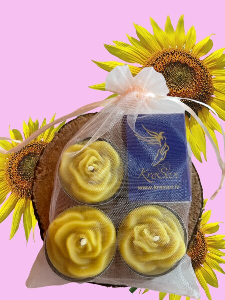 Bišu vaska tējas sveces rozītes komplekts 3.gab (dabīga vaska krāsa)